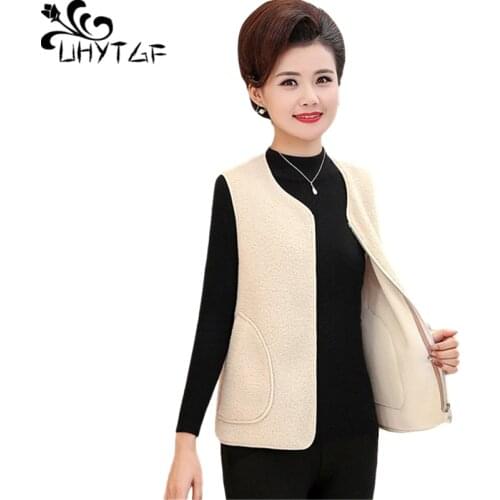 UHYTGF Vests For Women Lambswool Elegant Female Autumn Winter Waistcoat Jacket Pure Color Wild Cardigan 4XL Plus Size Coats 1250