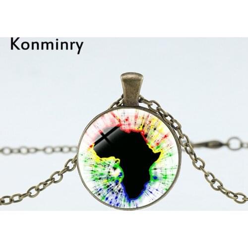 Vintage Africa Continent Necklace Round Glass Pendant Art Colors Flag Painting Necklaces For Women Men Konminry Jewelry
