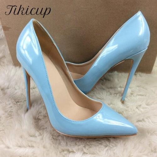Tikicup Light Blue Women Patent Stiletto High Heels Classic Style Ladies Formal Dress Shoes Slip On Pointed Toe Party Pumps