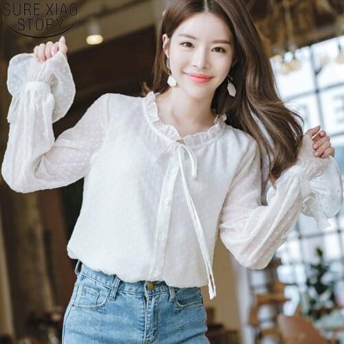 2021 Spring Polka Dot Chiffon Shirts Women Korean Style Blusas Stand Collar New Female Sweet Shirts Long Sleeve Women Blouse