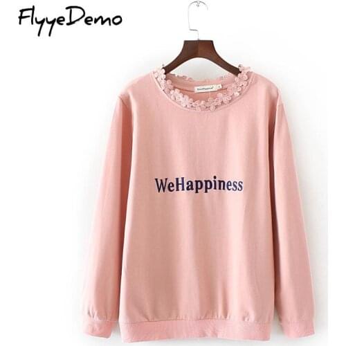 Women Hoodies Female Long Sleeve Fleece Lace O Neck Sweatshirt 2020 Autumn Winter Letter Embroidery Casual Pullover Plus Size