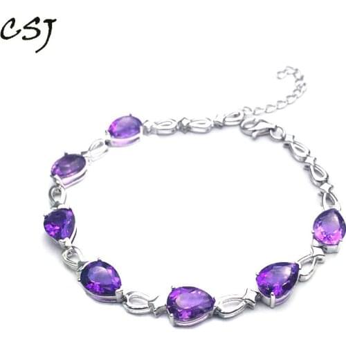 CSJ Natural Amethyst Bracelet Sterling 925 Silver Pear 6*8mm High Quality Fine Jewelry for Women Femme Wedding Party Gift in Box