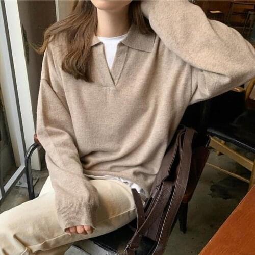 2021 Spring Womens New Solid Color Sweater Tops Female Pullover Knitted Bottoming Tops Ladies Loose Polo Collar Jumpers R563