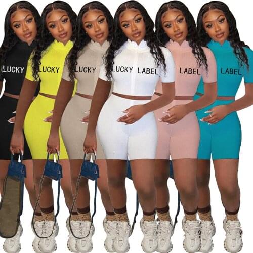 2021 Lucky Label Embroidery Women Tracksuit Front Zip Short Sleeve Crop Top Shorts Casual Active Two Piece Set Workout Suit