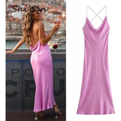 Pink Backless Sexy Dress Za 2021 Women Swing Collar Bandage Spaghetti Strap Party Club Midi Satin Dresses Robe Sukienka Letnia