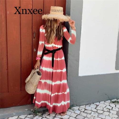 Tie Dye Striped Long Dress Boho V-Neck 3/4 Sleeve Casual a-Line Maxi Dresses Vintage Dresses Fall Clothes For Women With Belt