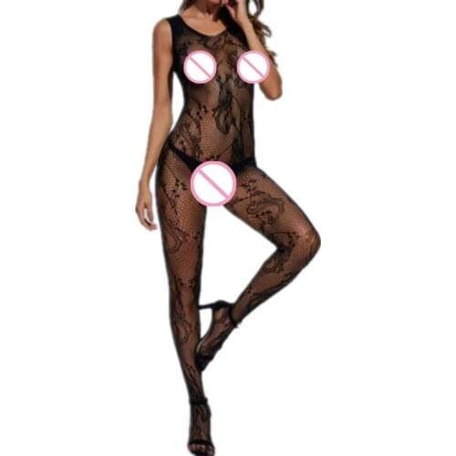 Ladies Pajamas Sexy Lingerie NEW Teddies Erotic Women Crotchless Bodysuit Plus Size Sleeveless Sleepwear Night Gown Black Tights