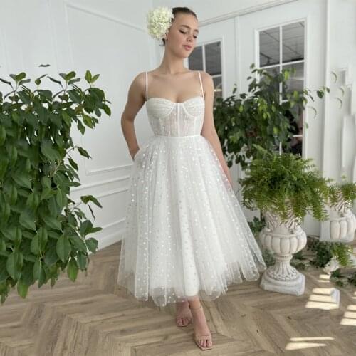 Sweetheart Spaghetti Straps Tulle Lace Tea Length Prom Dress A-Line Evening Gowns