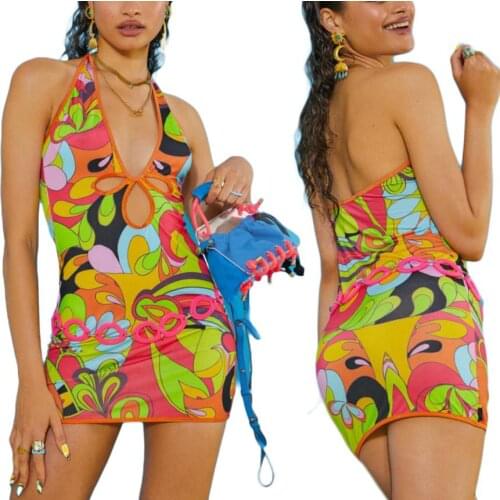 Women Summer Dress Abstract Print Hollow-Out Halter Neck Sleeveless Tight Skirt for Girls Orange