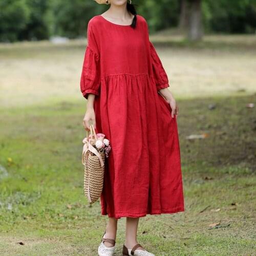 Johnature 2021 New Japanese Linen Loose Women Dresses Autumn Vintage Solid Color O-neck Three Quarter Sleeve Button Female Dress