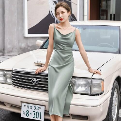 Women Spaghetti Strap Dress Sexy Split Solid Slim Lady Fashion Banquet party Dress Vintage Wear Dresses New