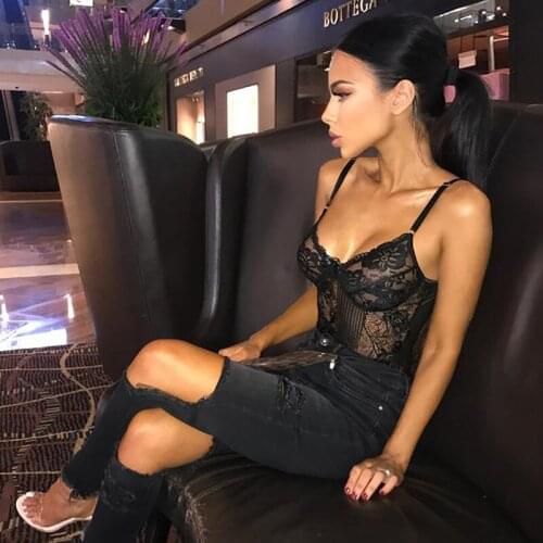 Women Sexy Lace Bodysuit Deep Collar See Through Lingerie Backless Sleeveless Racer Back Jumpsuit Romper Bodysuit Tank Tops