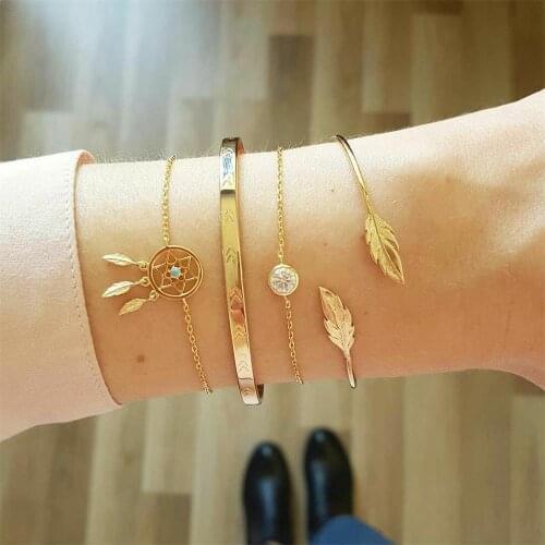 4 Pcs/Set Female Bracelets Dreamcatcher Leaf Arrow Crystal Opening Gold Bracelet Set Lady Bangle Valentines Day Gift