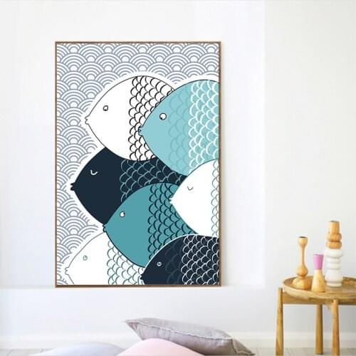 Abstract Blue Fish Picture Geometric Canvas Painting Wall Art Posters For Kids Room Living Room Modern Chic Home Decor