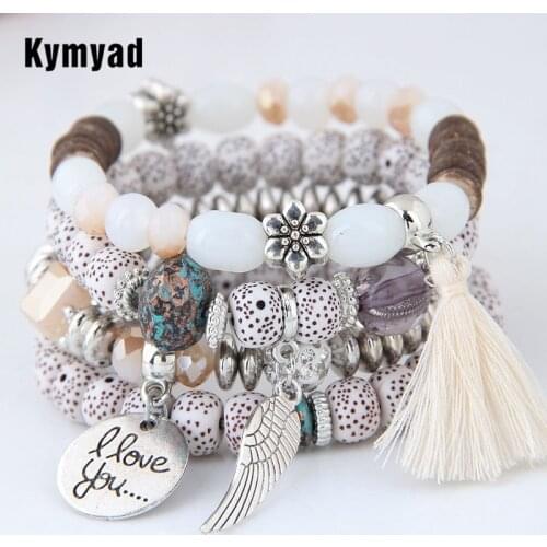 Kymyad Bohemian Beads Bracelets Bangles Tassel Wings Charms Bracelets For Women Bijoux Pulseira Multilayer Bracelet Sets