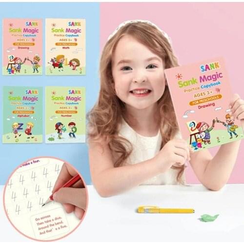 4 Books + Pen Magic Practice Copybook Free Wiping Childrens Copybook Magic Magic Writing Sticker English Version