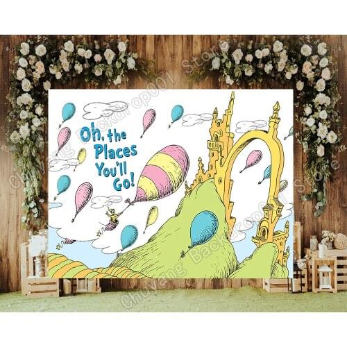 Cartoons Ballons Custom Place You Will Go Photography Backdrop Boys Girls Birthday Party Baby Shower Photo Background