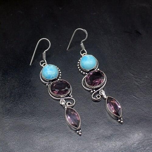 Gemstonefactory Big Promotion Unique 925 Silver Blue Jasper Purple Amethyst Women Ladies Gifts Dangle Drop Earrings 20211857