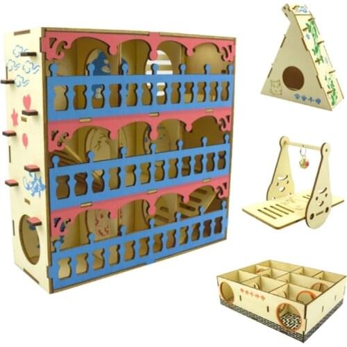 Hamster Maze Toy Wooden Tube Tunnel Cage Seesaw House Swing Small Pet Interactive Play Rest Exercise Toys for Rat Mouse Mice