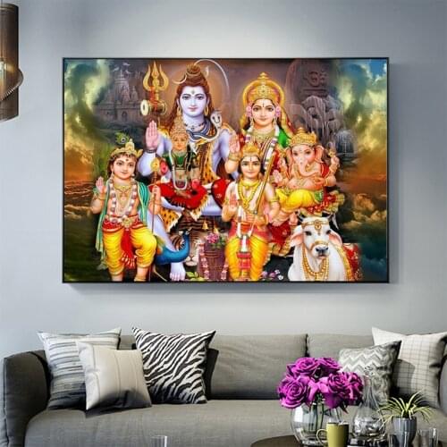 Shiva Parvati Ganesha Indian Art Hindu God Figure Canvas Painting Religious Poster Print Wall Picture for Living Room Cuadros