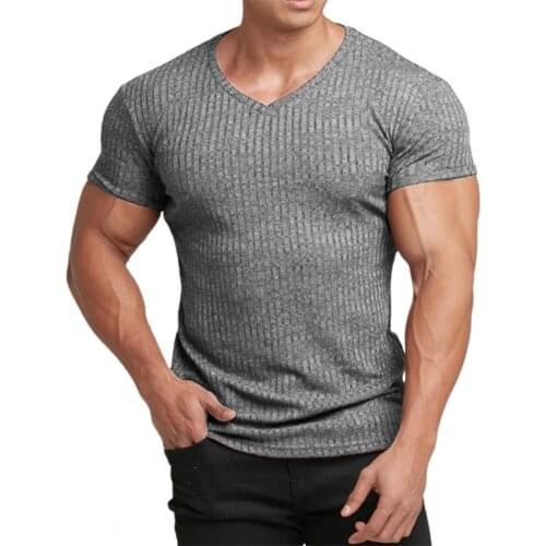 Summer Men V Neck Short Sleeve T Shirt Fitness Slim-Fit Sports Strips T-shirt Male Solid Fashion Tees Tops Knitted Gym Clothing