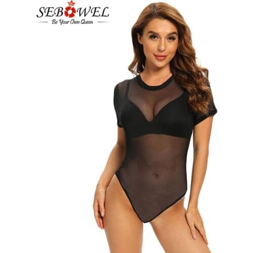 SEBOWEL Summer Short Sleeve Womens Body Tops Sexy See Through Black Bodysuit Female Perspective Mesh Bodysuits