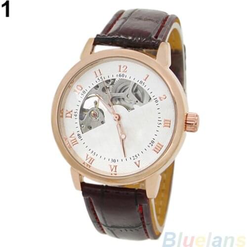 40%HOT Mens Mechanical Hollow Dial Faux Leather Band ArabicS1 Numerals Wrist Watch