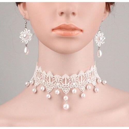 New Women Necklaces Earrings SET Bridal Wedding Lady White Flower Lace Beaded Pearl Drop Choker Hot Necklace Fashion Jewelry