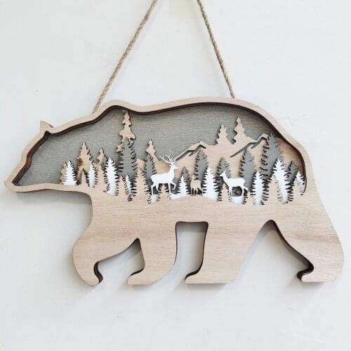 New Wood Carving Landscape Pendant Creative Home Decoration Wooden Brown Bear Deer Wall Pendant Hanging
