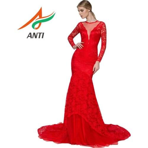ANTI Robe De Soiree Lace Red Sexy Illusion Long Evening Dresses Bride Banquet Elegant Floor-length Formal Party Gowns 2019 abiye