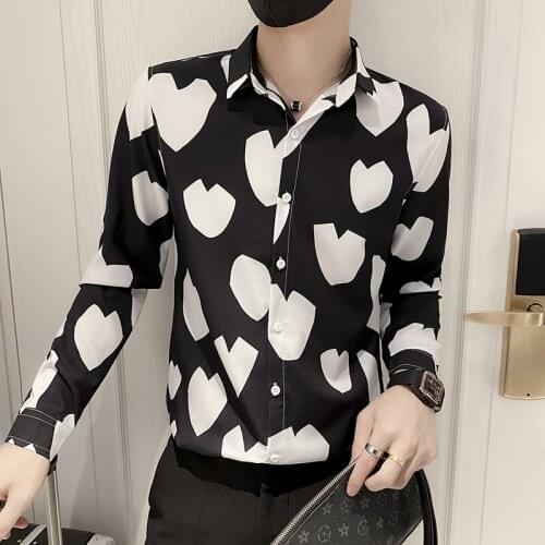 2021 Love Printed Shirts for Mens Autumn Long Sleeve Slim Casual Shirt Streetwear Harajuku MaleClothing Social Nightclub Tops