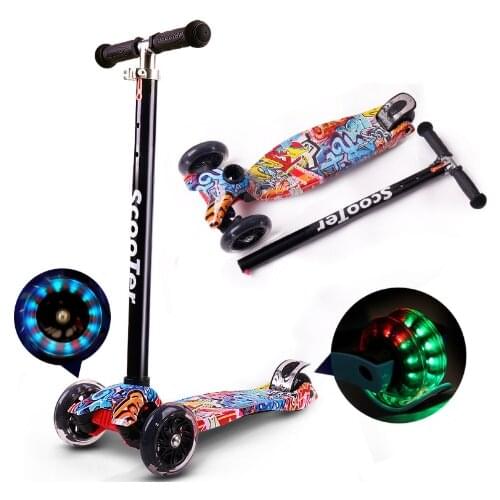 Scooters for Kids 3 Wheel T-bar Adjustable Riding Kick Scooters for Kids Height Adjustable LED PU Flashing with Graffiti