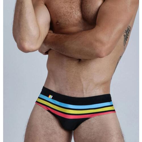 Sexy Push Up Padded Swimsuit Mens Swimwear Rainbow Stripes Summer Beach Surfing Bikini Swimming Trunks For Man Swim Brief Shorts