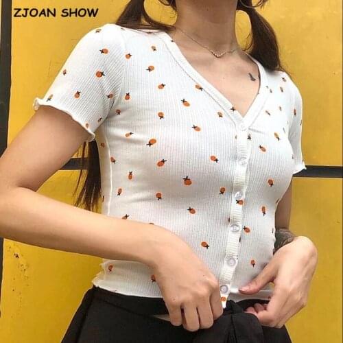 Retro V neck Women T shirts White Fashion Cute Pineapple Print Tee Slim Center Buttons Cool Girl Crop Top Women T-shirt