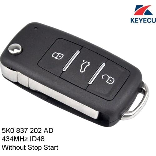 KEYECU Replacement Flip Remote Key Fob 434MHz ID48 for Volkswagen Beetle Caddy Eos Golf Tiguan Polo 2011-2013 without stop start