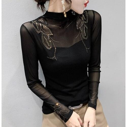 2021 Autumn Winter Embroidery Stitching Hot Drilling Long Sleeves Womens T-Shirt Fashion Casual Hollow Out Black Tops Shirt