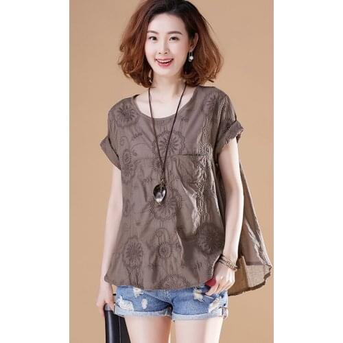 Women Tshirt Plus Size Short Sleeve Loose Casual Tee Shirt Femme Cotton Embroidery Vintage Tshirts Ladies Summer Tops