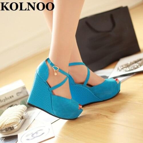 KOLNOO New Handmade Womens Wedges Heels Sandals Crisscross Buckle Strap Peep-Toe Four Color Evening Party Prom Fashion Shoes