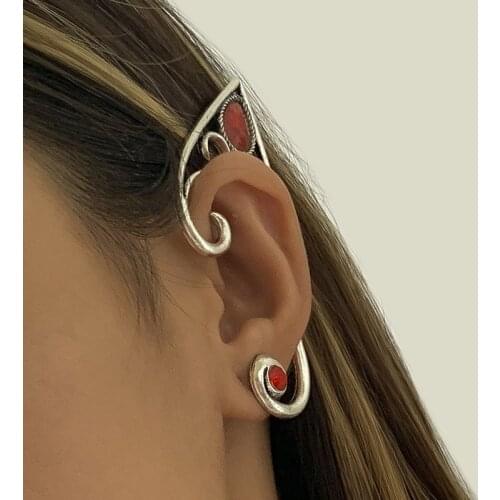 Retro Red Gem Outline Fairy Ear Hanging Ear Clip Hollow No Pierced Clip Earring For Women Fashion Ethnic Style Halloween Jewelry