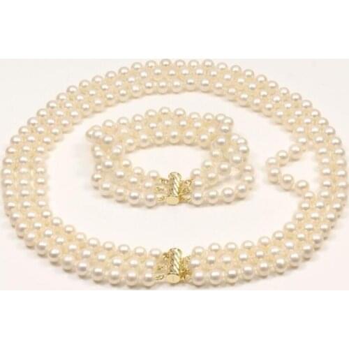 3 ROW 18" AAA 9 MM WHITE PEARL NECKLACE BRACELET YELLOW CLASP