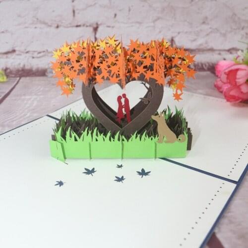 3D Handmade Romantic Heart Shape Maple Forest Kissing Lover Paper Invitation Greeting Card PostCard Valentines Day Wedding Gift
