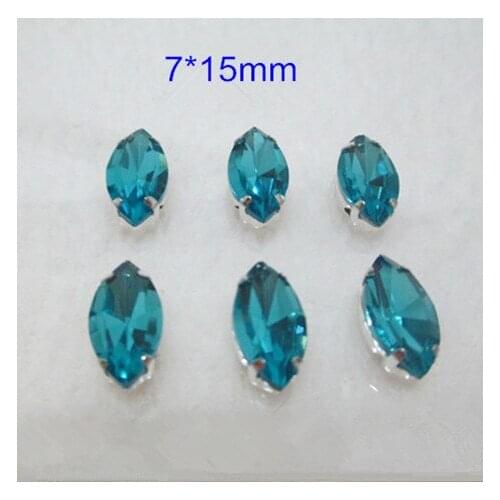 40pcs of 7*15mm Loose Crystal Sew on Beads,Marquise Skyblue Glass Bead in Silver Setting,Navette Sewing Beads Jewelry Supplies