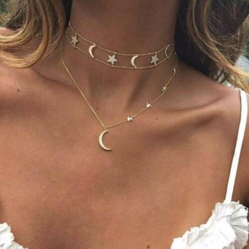 Bohemian Moon Stars Pendant Chokers Necklaces Multi Layer Gold Alloy Chain Necklace Collar for Women Jewelry
