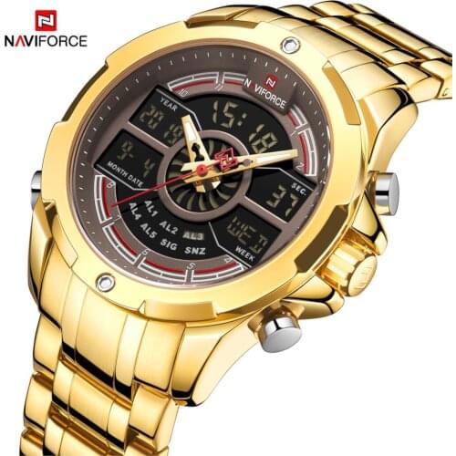 NAVIFORCE Sport Men Watches Fashion Digital Quartz Wrist Watch Steel Waterproof Dual Display Date Clock Gold Relogio Masculino