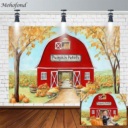 Photography Backgrounds Fall Autumn Farm Pumpkin Harvest Yellow Leaf Red Barn Baby Portrait Backdrops Photocall Decoration Props