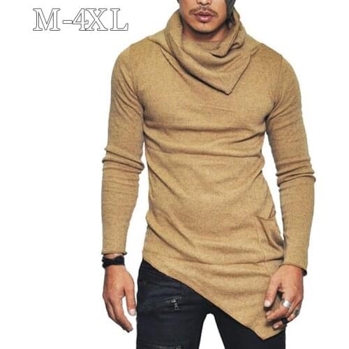 New Men T Shirt Slim Fit Long Sleeve T Shirt Men Side Pocket Irregular Hem Solid Streetwear TShirt Hipster Tee Shirt Homme M-4XL