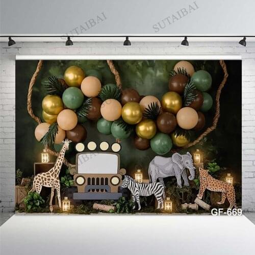Wild One Safari Backdrops Baby Shower Party Backdrop Jungle Zoo Animals Elephant Lion Balloon Decorations Birthday Background