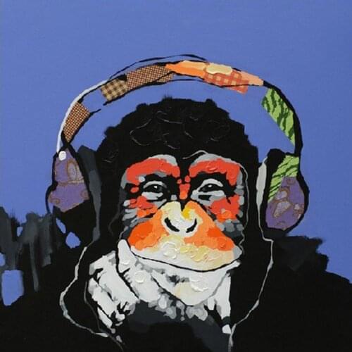 Oil Painting Monkey with Headphone Modern Wall Art on Canvas Hand Painted for Kids Room Home Wall Decor Handmade Gifts