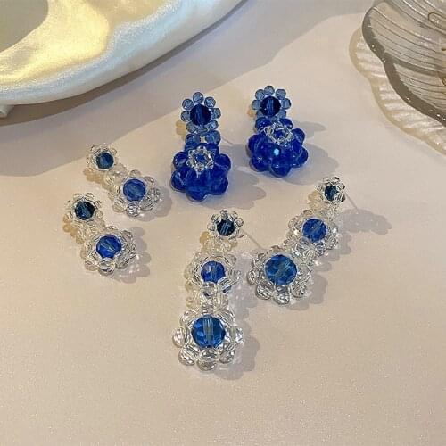 Korea Dongdaemun Ice Blue Mint Handmade Beaded Crystal Three-dimensional Flower Earrings