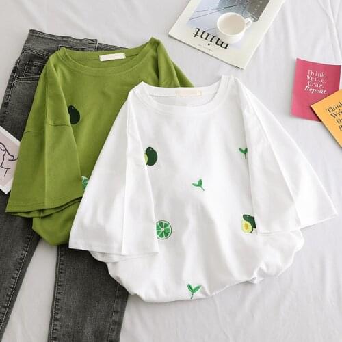 Summer casual girl T-shirt avocado green top printing short-sleeved womens T-shirt loose basic T-shirt